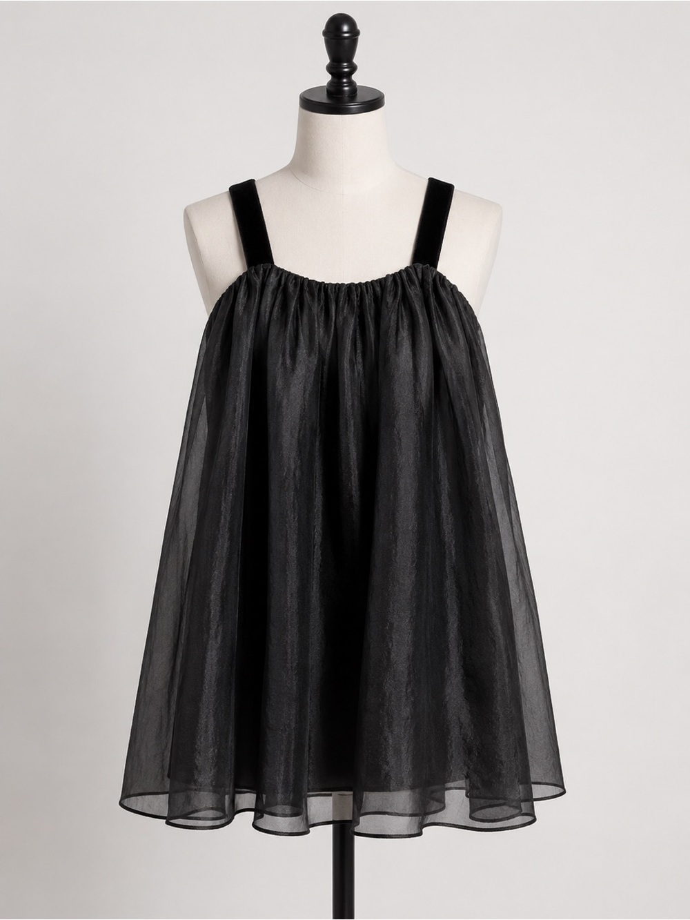 Halston Heritage Black Organza Mini Dress Sheer Overlay Velvet Straps Size 4
